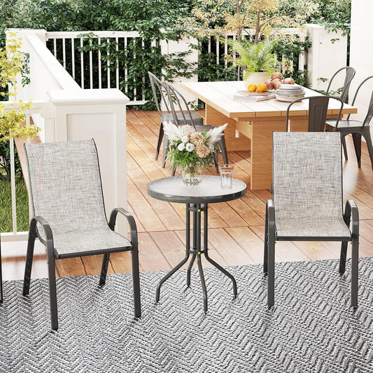 3 Pieces Outdoor Bistro Set, Small Patio Set with Stackable Mesh Chairs and Glass Top Table, High Back Patio Furniture Set for Backyard, Balcony, Garden, Gray-1
