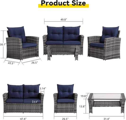 4 Piece Outdoor Patio Furniture Set, Outdoor Sectional Furniture, Wicker Sectional Conversation Sofa Set with Glass Table and Cushions (4 Piece Navy)-1