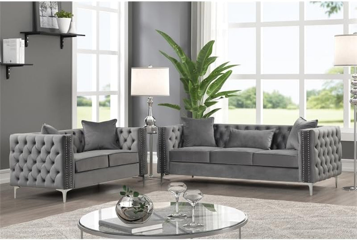 Modern Velvet Fabric Sofa and Loveseat Living Room Set -Gray-0