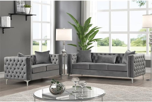 Modern Velvet Fabric Sofa and Loveseat Living Room Set -Gray-0