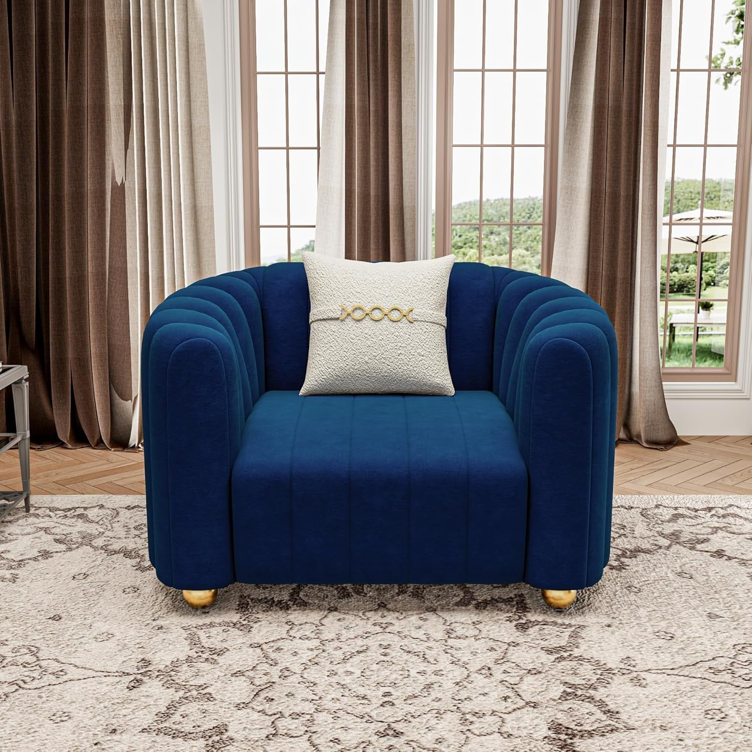 KEAI Blue Velvet Tufted Sofa Set for Living Room, 3 Piece Modern Design Couch Set with Gold Metal Ball Legs, Lovely Upholstered Sherpa Furniture Set for Office (Blue, 1+1+3 Set)-2