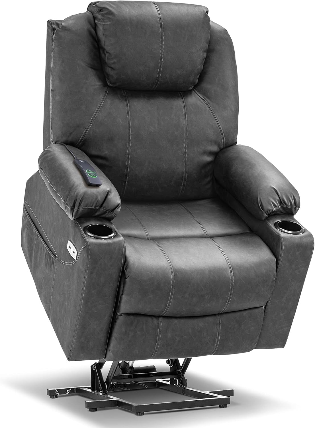 Electric Power Lift Recliner Chair Sofa with Massage and Heat for Elderly, 3 Positions, 2 Side Pockets, and Cup Holders, USB Ports, Faux Leather 7040 (Grey, Medium)-0