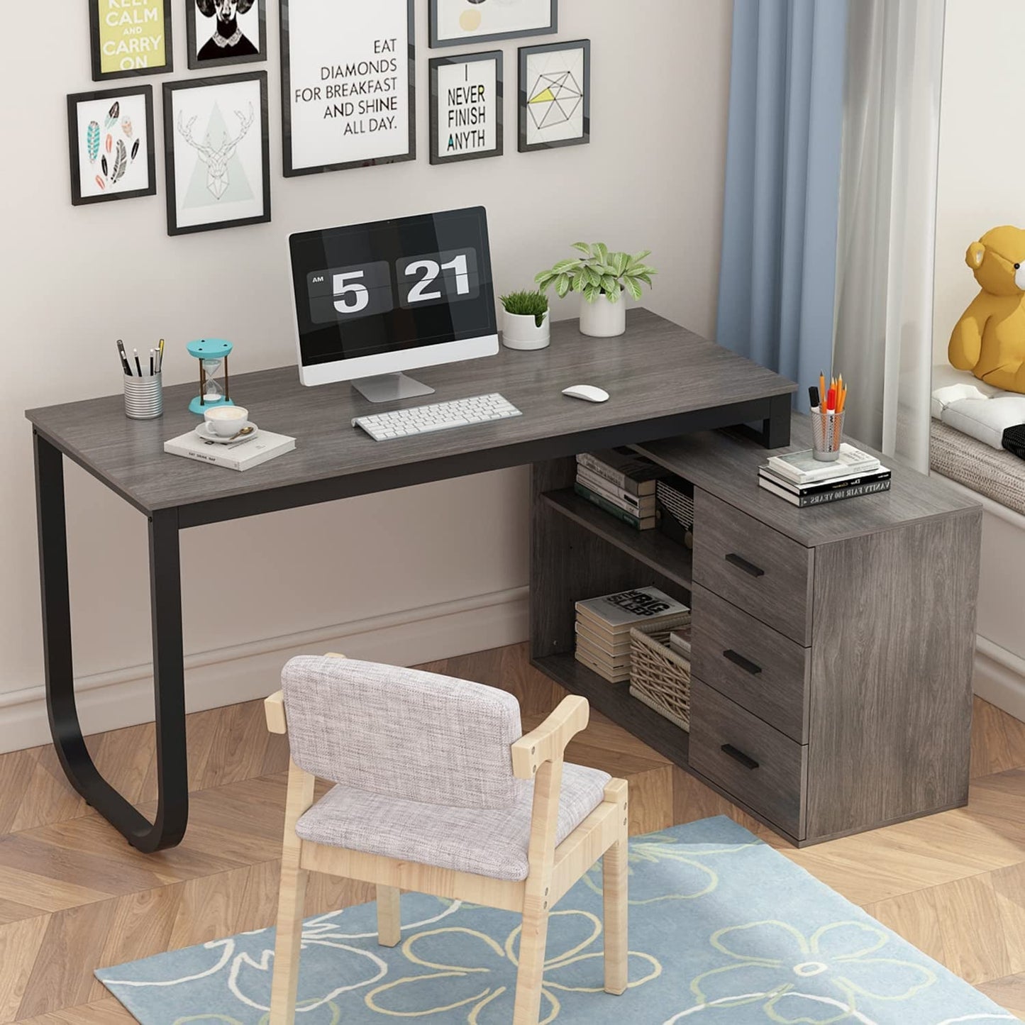 Home Office Corner Desk, Large with Drawers, Gray-0