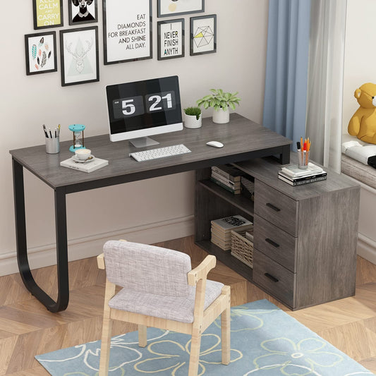 Home Office Corner Desk, Large with Drawers, Gray-0