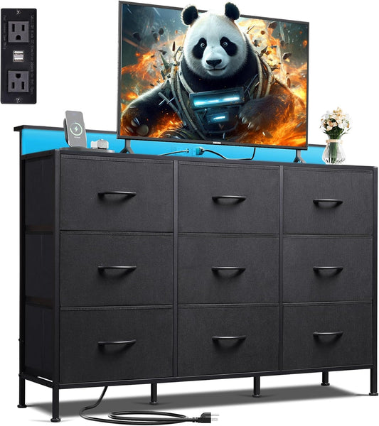 Dresser TV Stand for 55 Inch, Led Dresser for Bedroom, Black Dressers for Bedroom with LED Lights and Charging Station, Chest of Drawers, 9 Fabric Dresser Drawers, Wood Top, Living Room, Closet-0