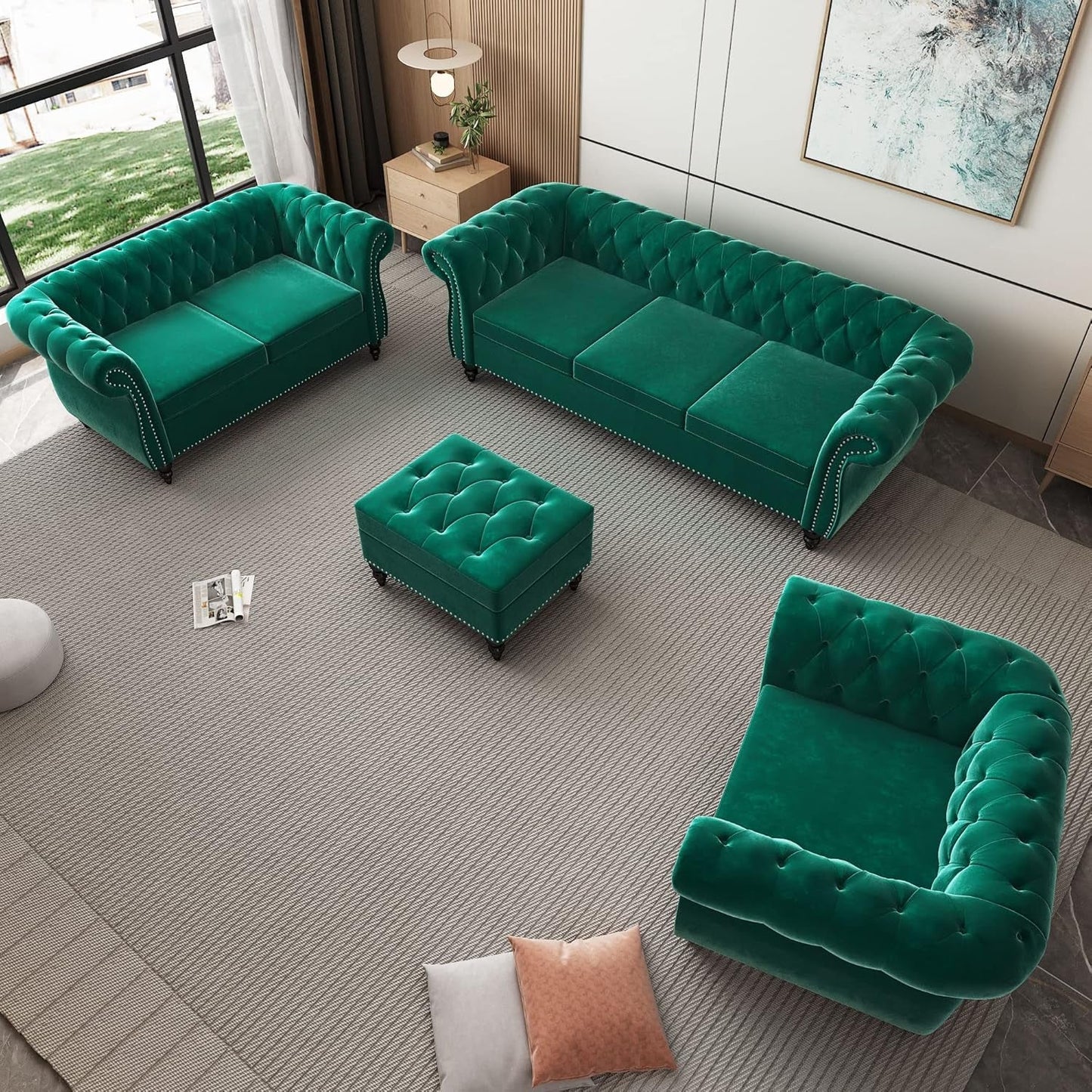 3-Piece Living Room Sectional Sofa Set, Green Velvet Couch Upholstered Sofa Modern Sofa Couches Set Style Button Tufted, Velvet Chesterfield Sofa for Living Room Apartment, 1+2+3 Seat Green-0