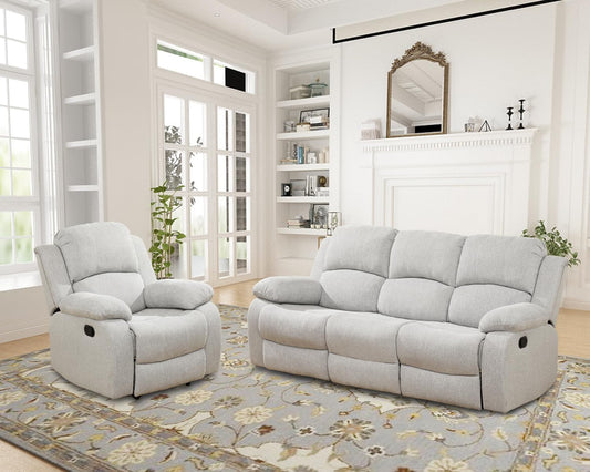 Recliner Sofa Set Living Room Furniture, Reclining Sofa Set Microfiber Fabric, Recliner Couch Set for Office Home (Sofa and Chair Set, Grey White)-0
