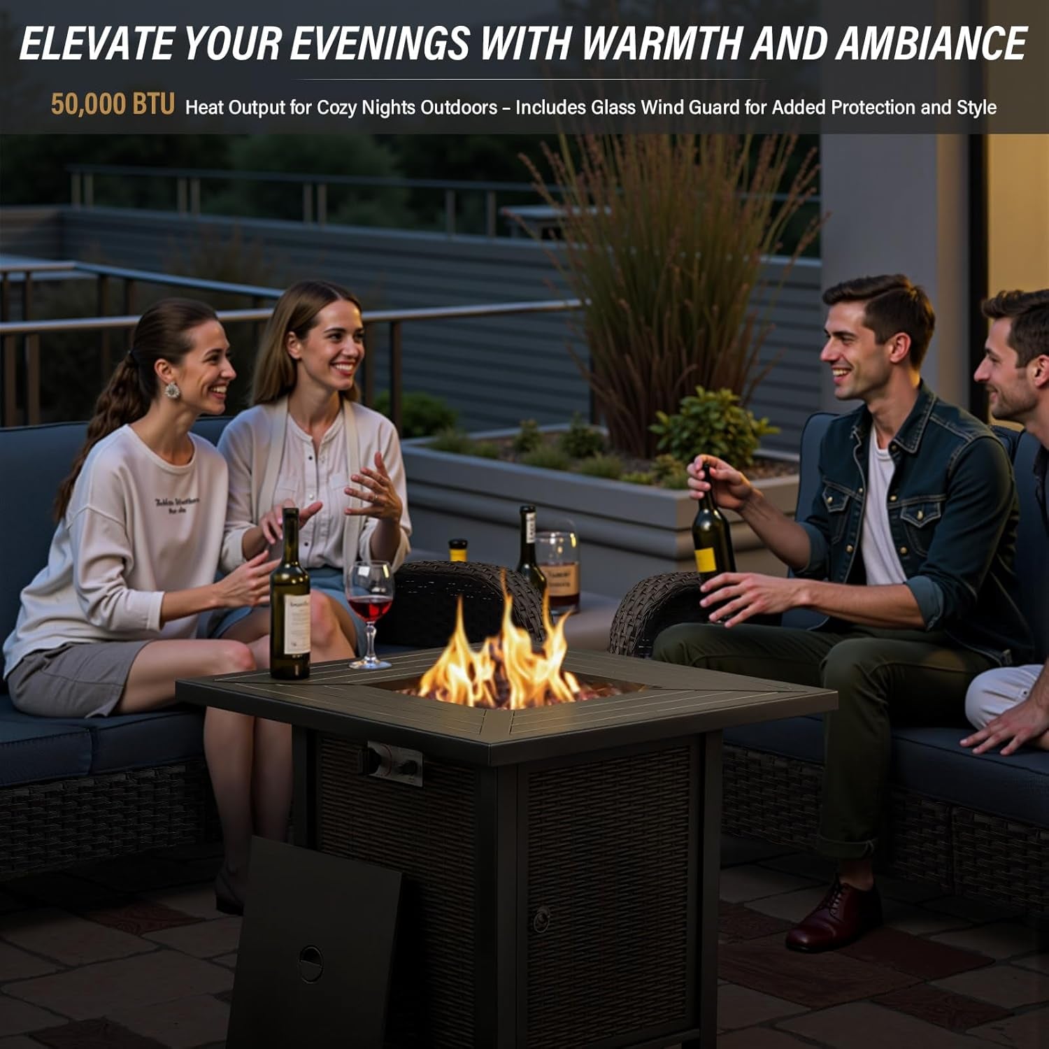 5 Pieces Outdoor Patio Furniture Set with 50000 BTU Propane Fire Pit Table, Deep Seating Wicker Swivel Rocker Chairs and Loveseat Glider Patio Conversation Set for Deck Poolside Backyard Beige-2