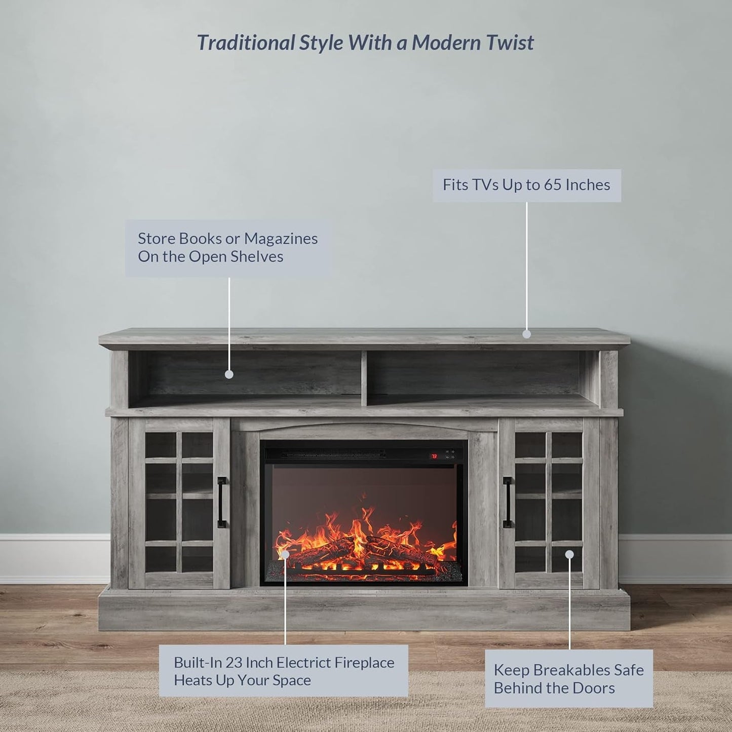 Traditional 58" Rustic TV Stand with 23" Electric Fireplace Heater with Sound, Media Entertainment Center Console Table for TV up to 65" with Open Storage Shelves and Cabinets - Grey Wash-3