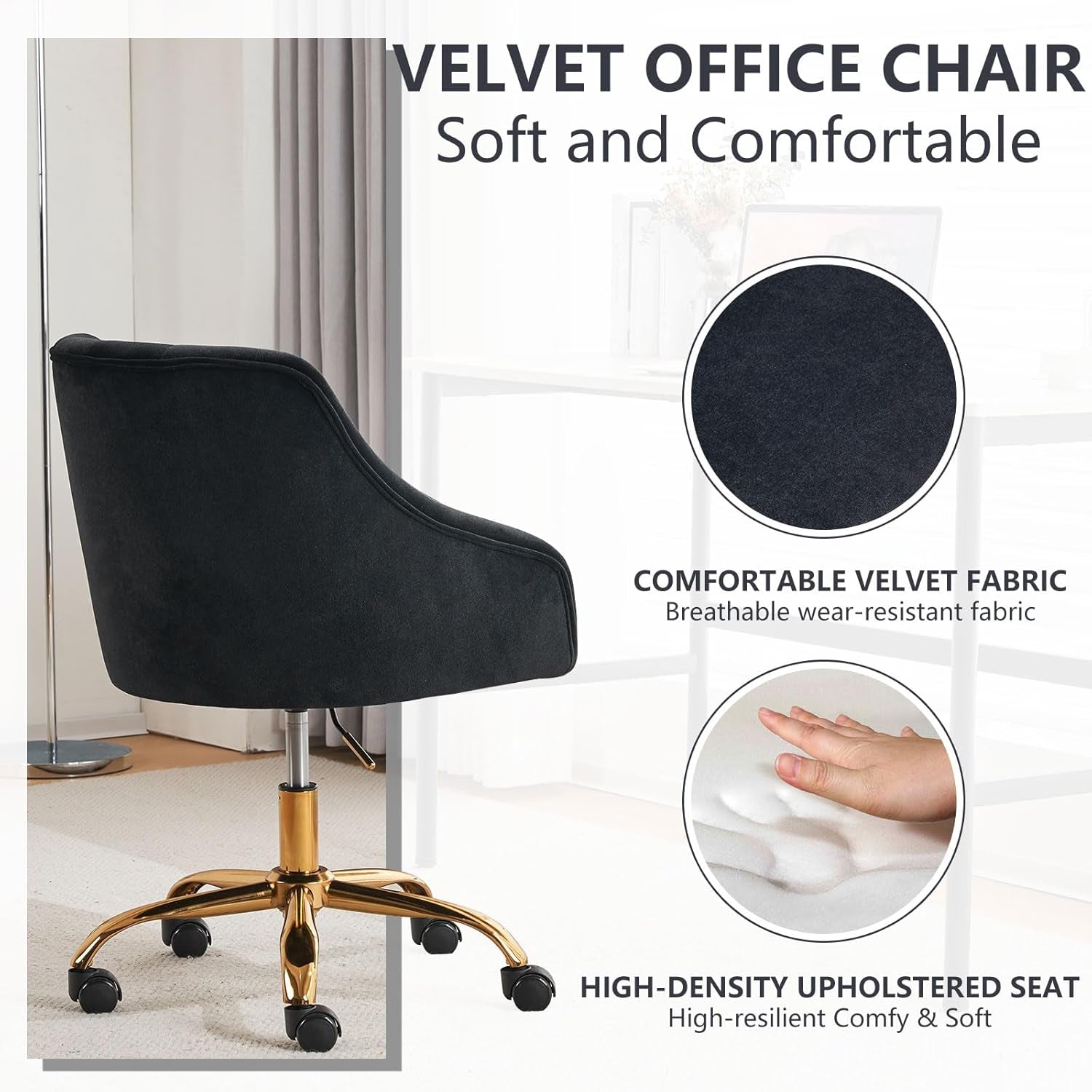 Velvet Office Swivel Chair, Vanity Chair, Fabric Desk Chair, Pretty Fancy Chair, Gold Office Chair for Girls, 360°Swivel Height Adjustable Reception Chair (Black)-2