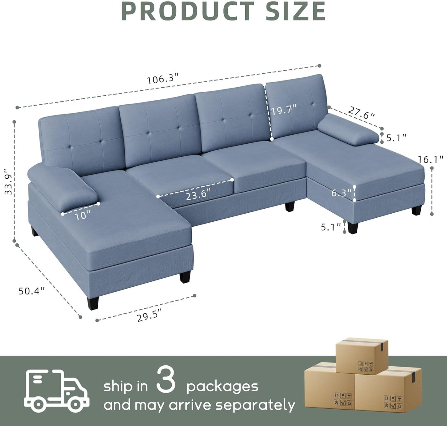 U-Shaped Sectional Sofa with Double Chaise, 4-Seat Linen Fabric Living Room Furniture Set, High-Density Cushions for Ultimate Comfort & Modern Style, Blue-1