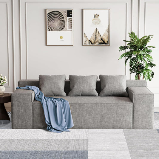Modern 3-Seater Sofa, Hybrid Sofa in a Box, No Assembly Required, Comfy Sofa Couch with 3 Matching Pillows, Cat-Scratch Resistant Linen, Couch for Living Room or Bedroom, Grey-0