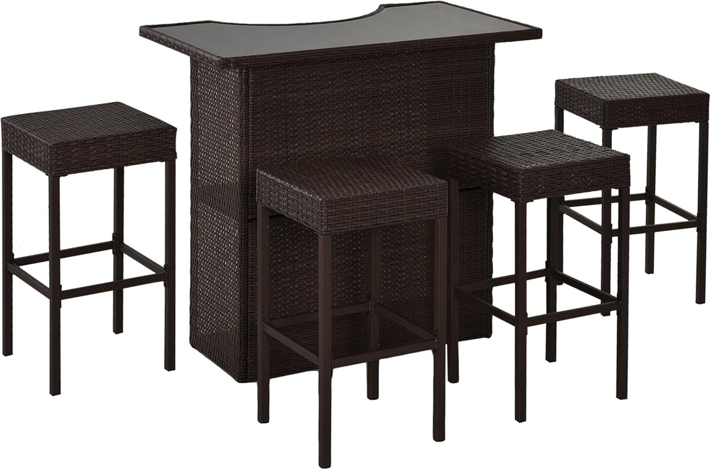 5 Pcs Rattan Wicker Bar Set, High Top Outdoor Table and Chairs, Bar Height Patio Set with Glass Table Top 2 Tier Storage Shelf, and 4 Bar Stools for Garden, Poolside, Dark Brown-0