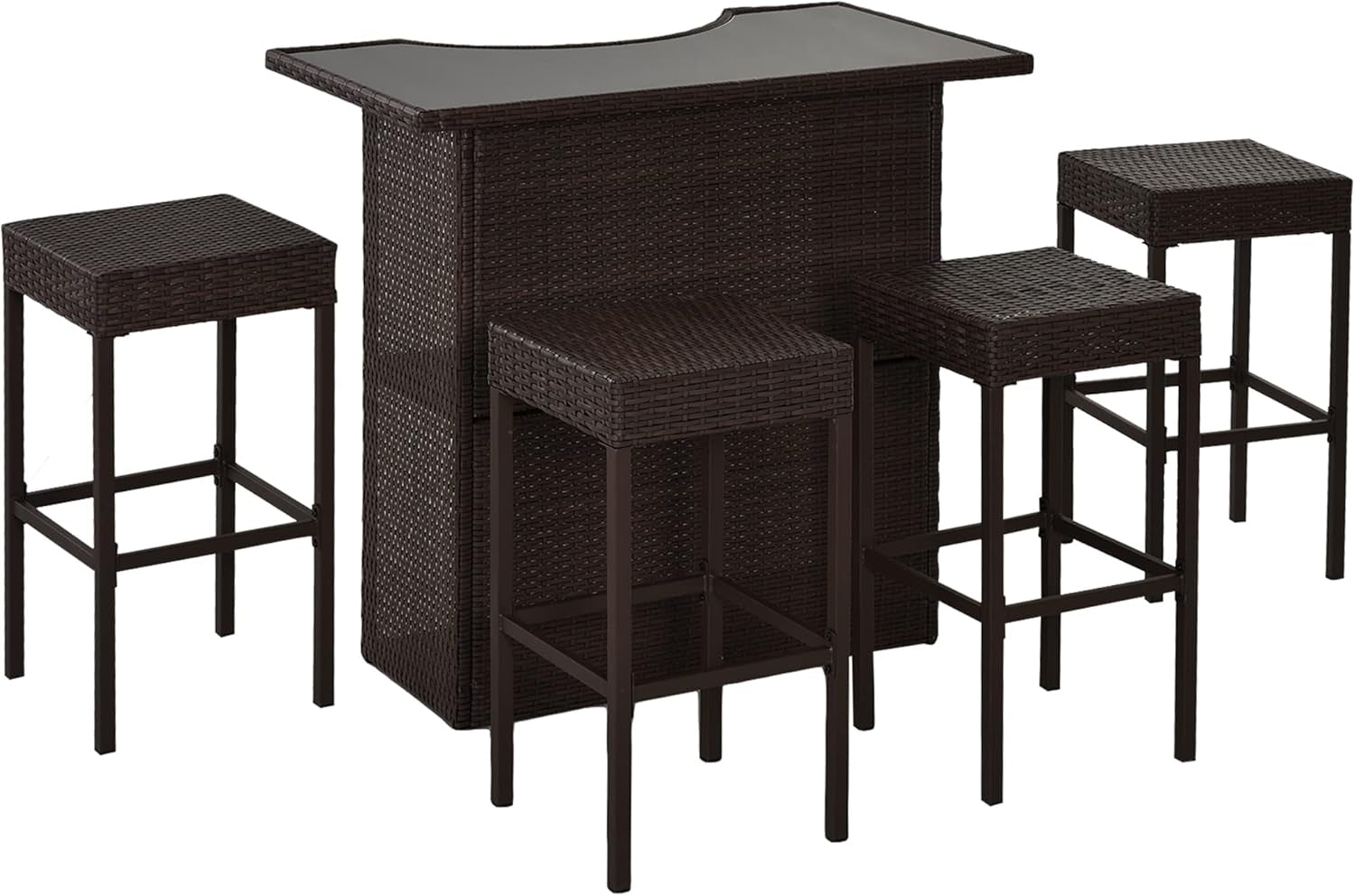 5 Pcs Rattan Wicker Bar Set, High Top Outdoor Table and Chairs, Bar Height Patio Set with Glass Table Top 2 Tier Storage Shelf, and 4 Bar Stools for Garden, Poolside, Dark Brown-0