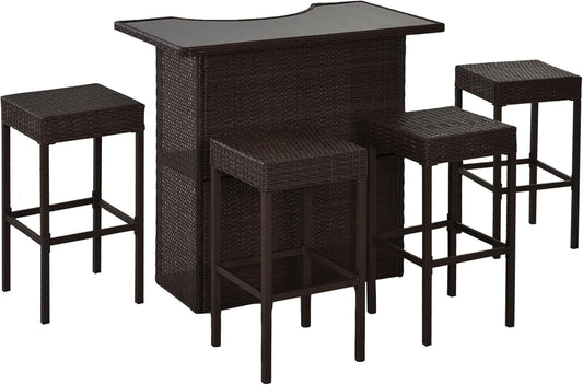 5 Pcs Rattan Wicker Bar Set, High Top Outdoor Table and Chairs, Bar Height Patio Set with Glass Table Top 2 Tier Storage Shelf, and 4 Bar Stools for Garden, Poolside, Dark Brown-0