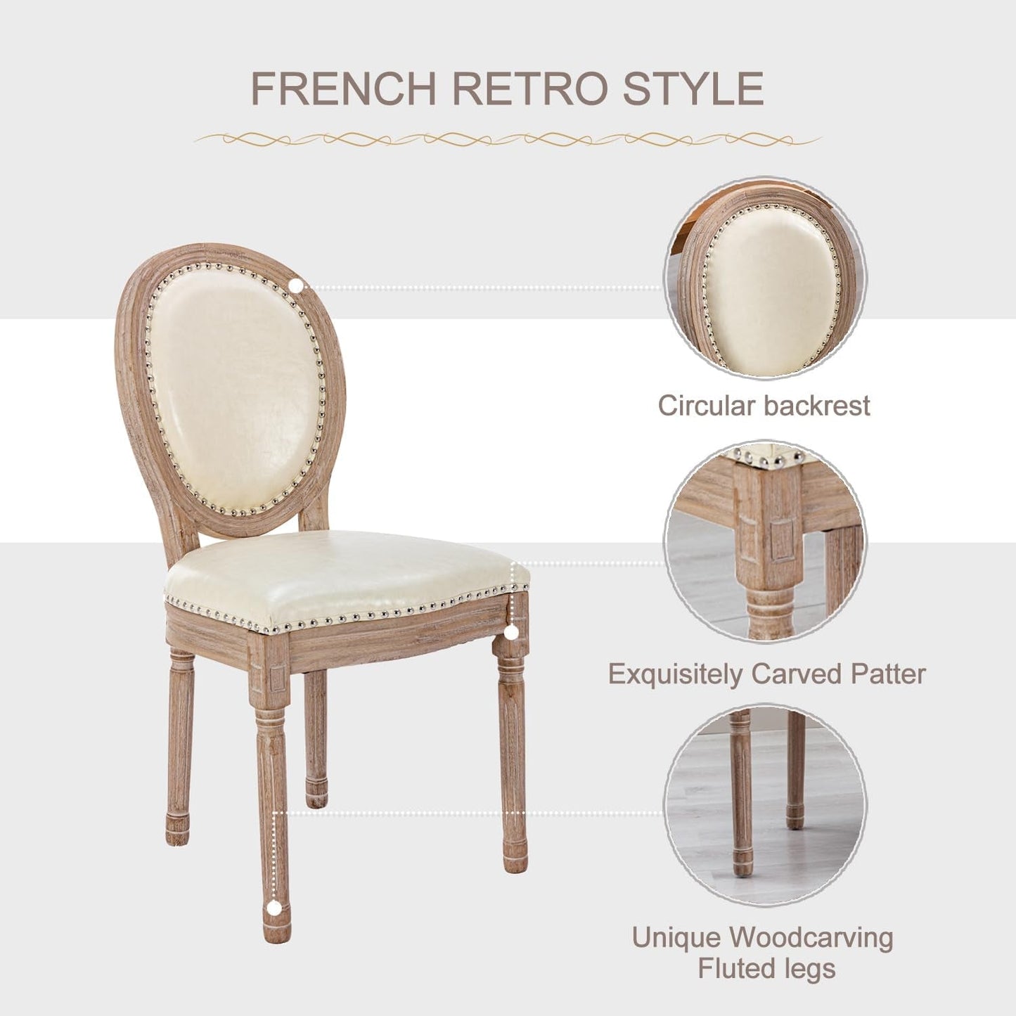 French Country Dining Chairs Set of 4, Leather Dining Chairs with Curved Backrest, Vintage French Accent Chairs for Living Room, Kitchen, Restaurant (Beige)-2