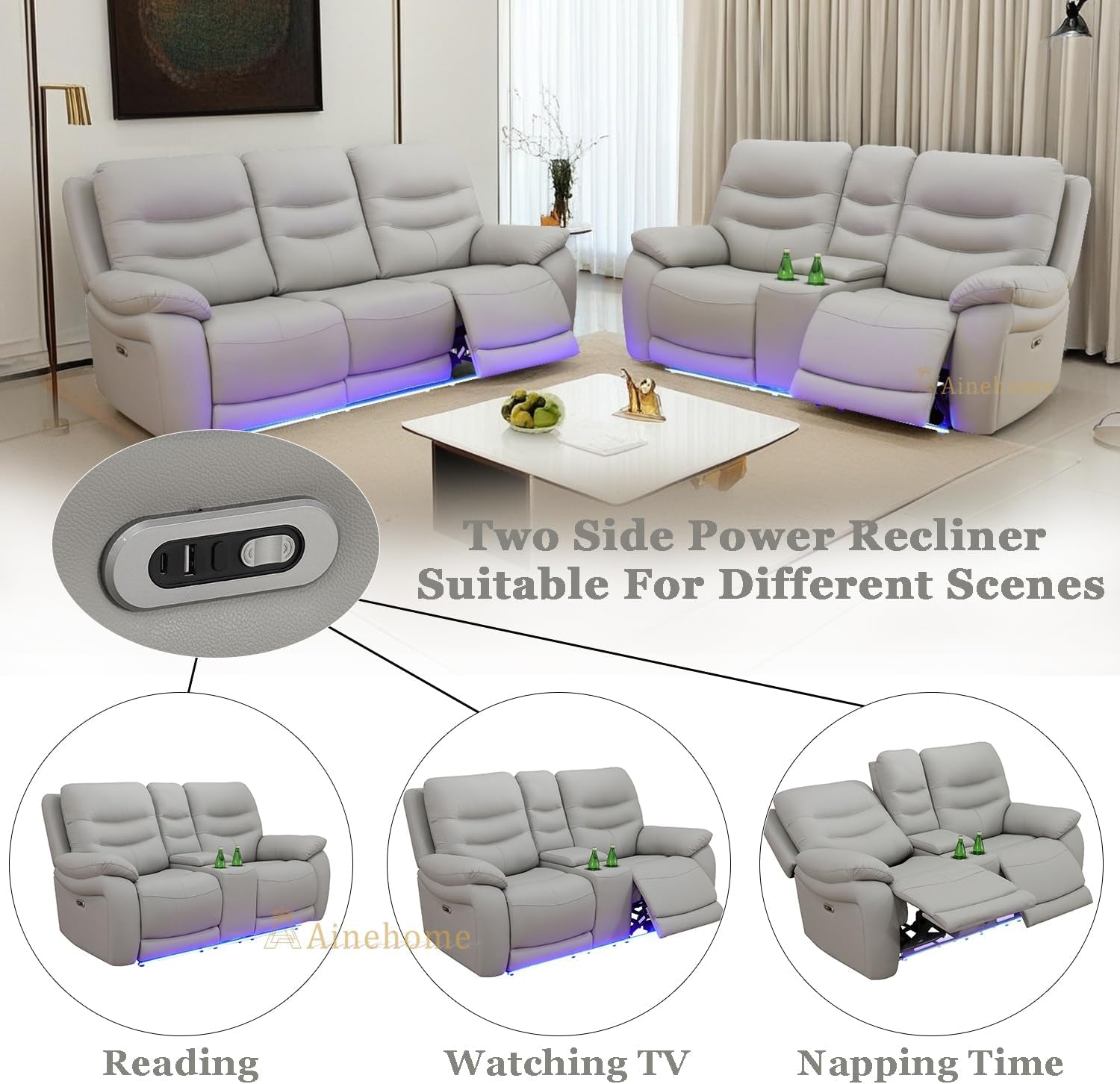 LED Power Recliner Sofa for Living Room Furniture Set, Leather Sectional Sofa Set, Reclining Sofa and Loveseat with USB Port/Storage Console/Cup Holders(Grey Sofa+Loveseat)-3