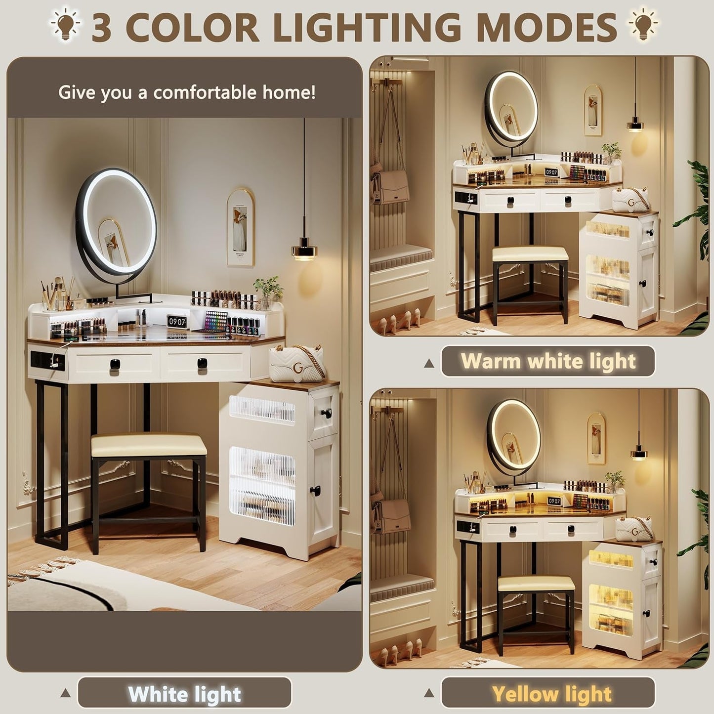 White Corner Vanity Mirror, Lights, Charging, Glass Top-1