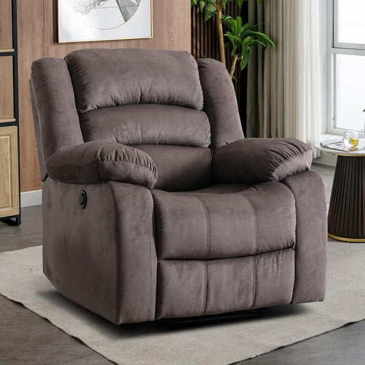 Classic Power Recliner Chair, Oversized Electric Reclining Chair with Overstuffed Cushion and Back, Soft Fabric Adults Single Recliner Sofa for Living Room, Brown-0
