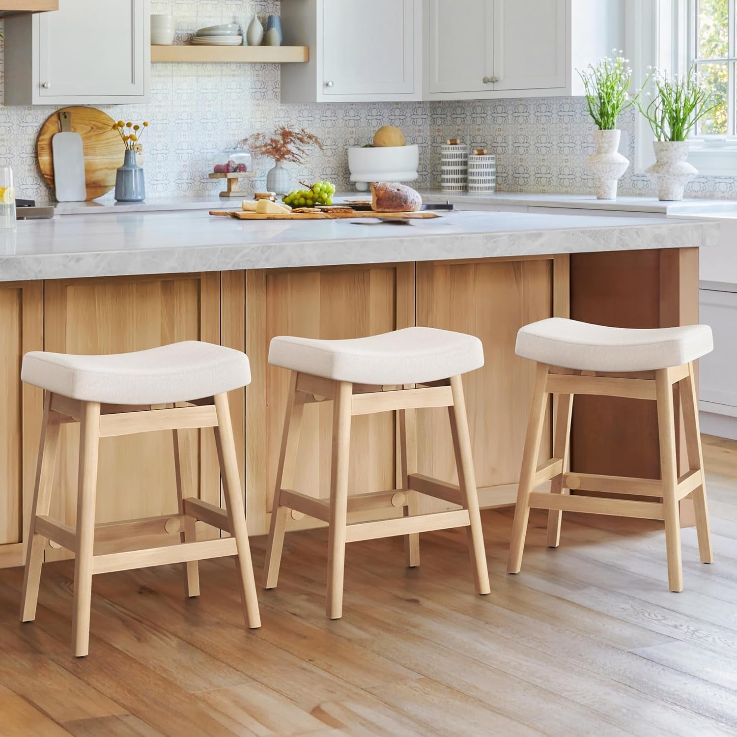 Bar Stools Set of 3, Barstools with Sturdy Wood Legs, Saddle Seat Counter Height Bar Stools for Kitchen Counter, Bar, Dining, 24 Inch Farmhouse Counter Stools, Beige-0