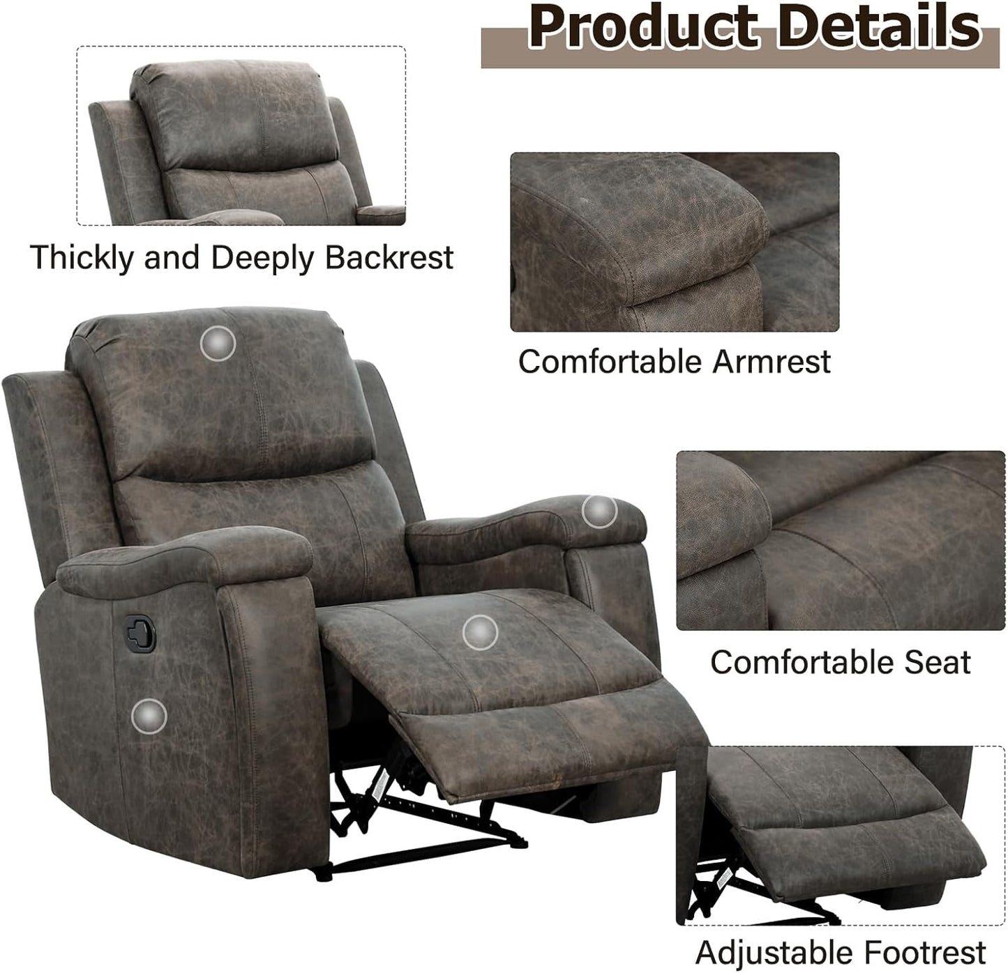 Leather Recliner Chair, Classic and Traditional Manual Recliner Chair with Overstuffed Arms and Back, Manual Single Sofa with Concealed Cup Holders,Grey-3