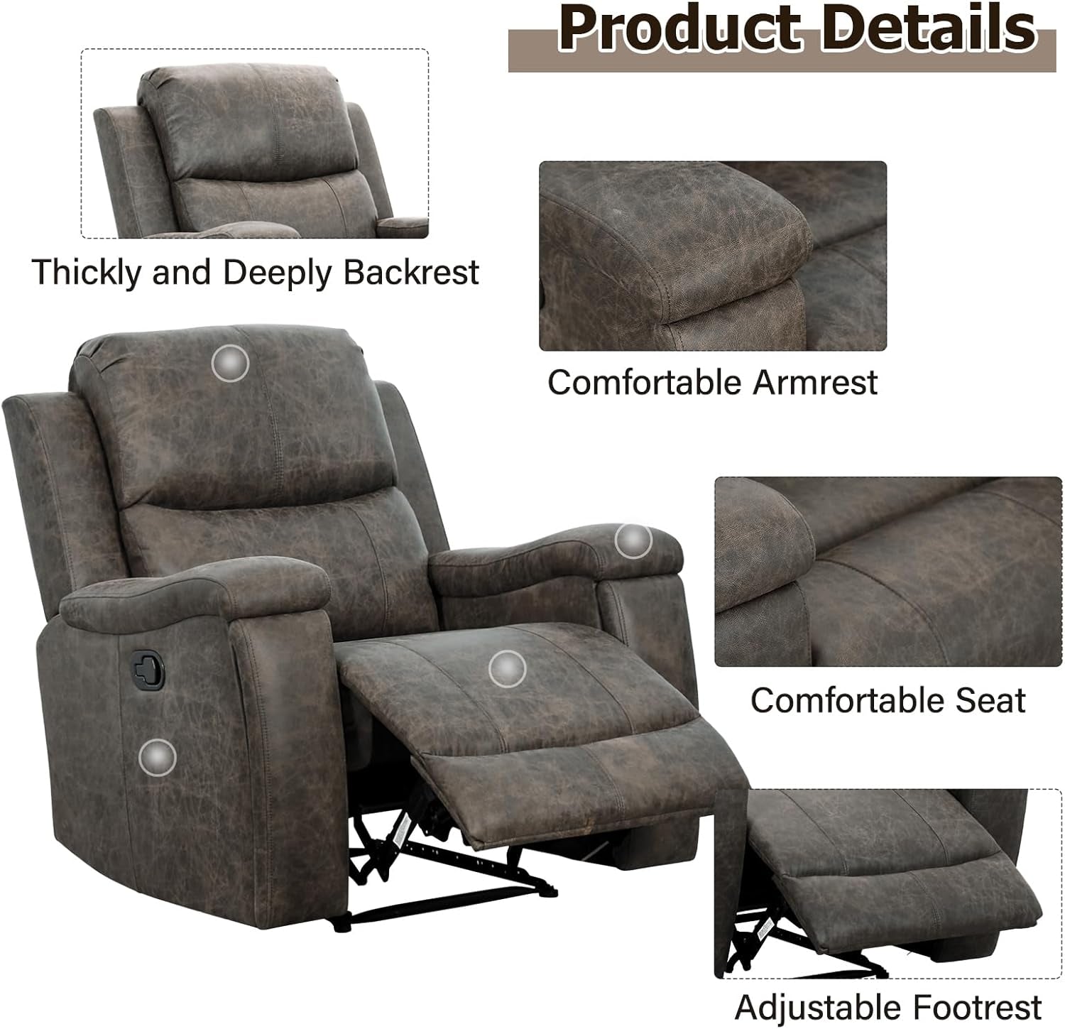 Leather Recliner Chair, Classic and Traditional Manual Recliner Chair with Overstuffed Arms and Back, Manual Single Sofa with Concealed Cup Holders,Grey-3