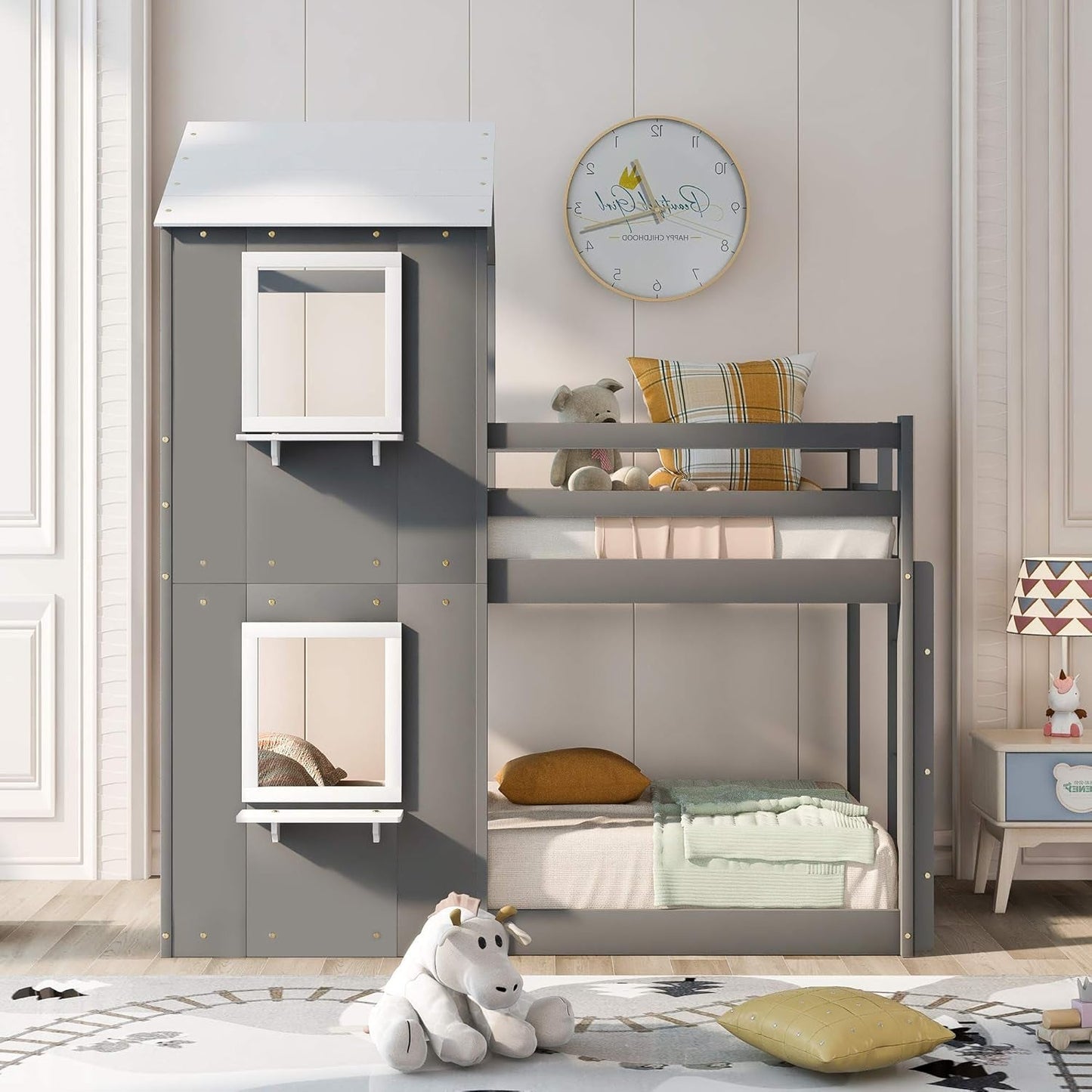 Twin Bunk Beds with House Shape, House Bunk Bed with Roof, Window & Ladders, Twin over Twin Bunk Bed for Kids Girls Boys Teens (Grey)-0