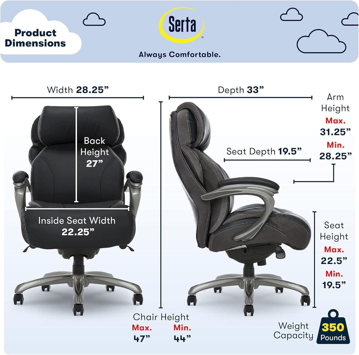 Jackson Big and Tall Executive Office Chair with AIR Technology and Smart Layers Premium Elite Foam, Supports up to 350 Pounds, Bonded Leather, Black-2