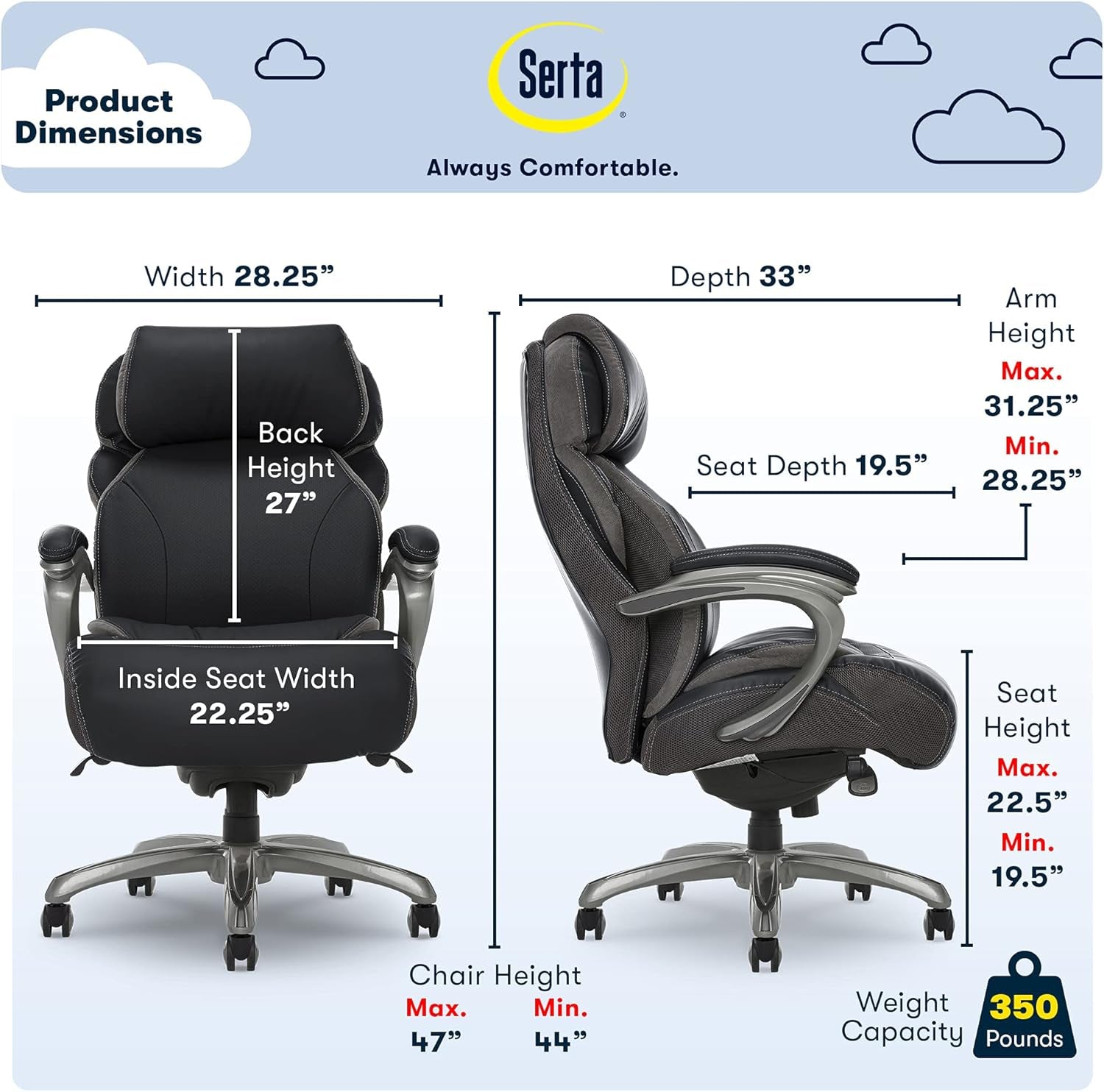 Jackson Big and Tall Executive Office Chair with AIR Technology and Smart Layers Premium Elite Foam, Supports up to 350 Pounds, Bonded Leather, Black-2