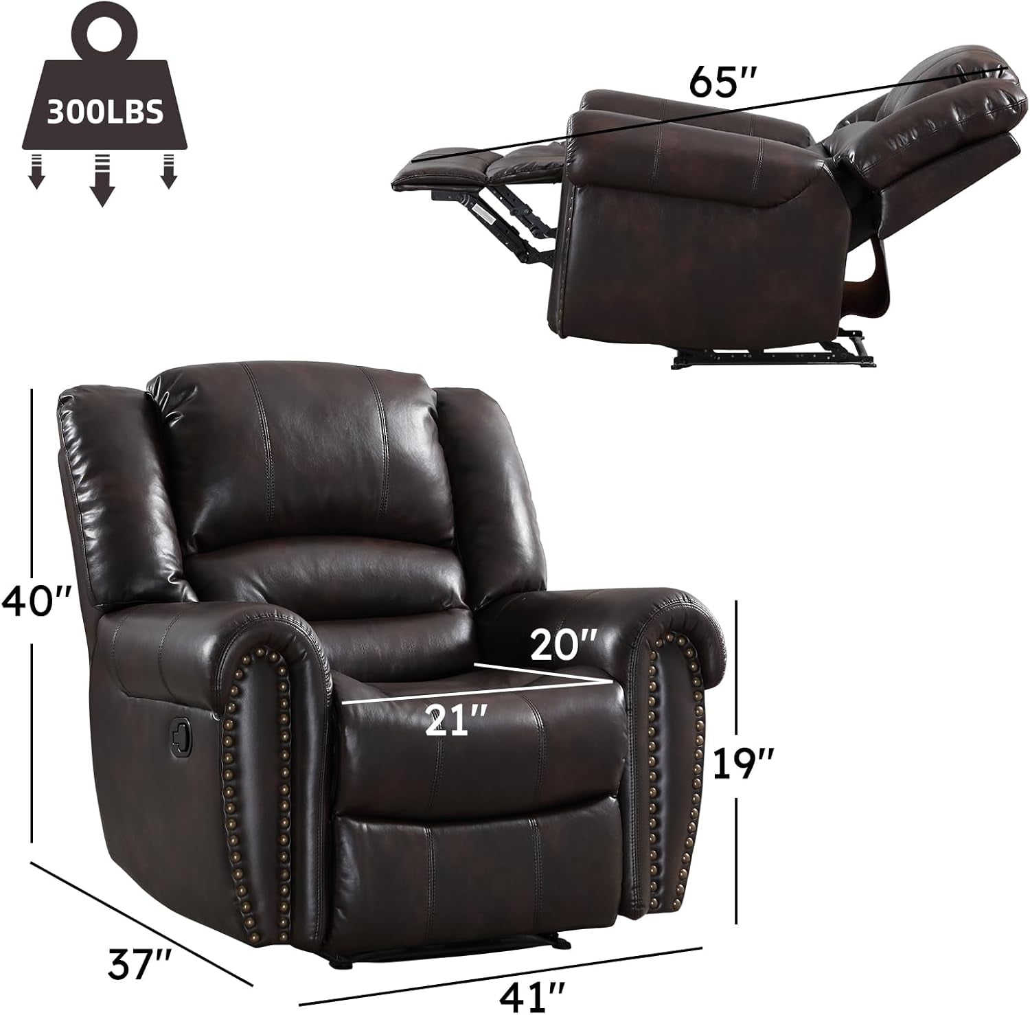Leather Recliner Chair, Classic and Traditional Manual Recliner Chair with Comfortable Arms and Back Single Sofa for Living Room, Dark Brown-2