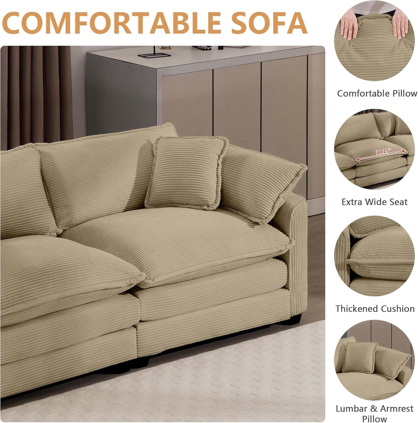 Oversized 2 Piece Sofa Set for Living Room, 3-Seater & Loveseat Couch, Modular Sectional Deep Seat Corduroy Comfy Cloud Couches with 4 Armrest Pillows and 5 Toss Pillows, Camel-3