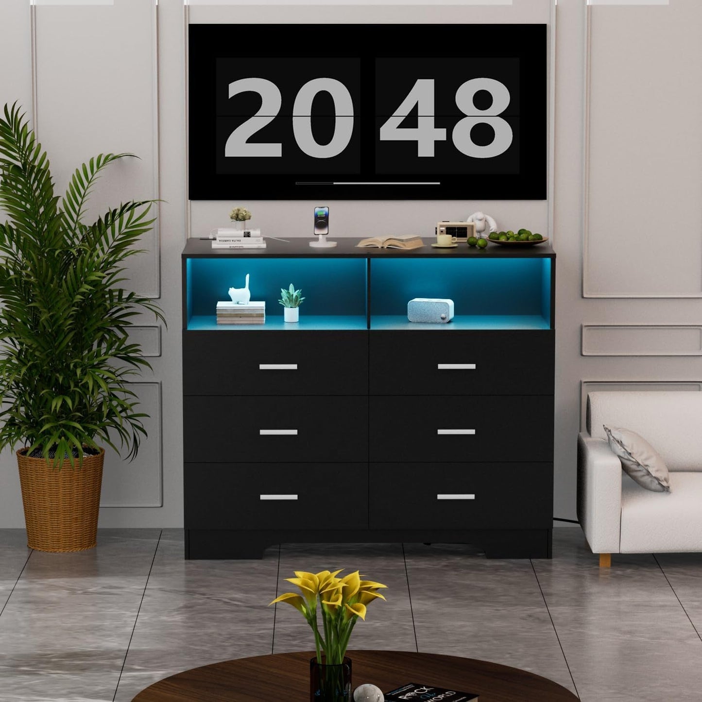 Dresser with Power Outlets and LED Lights Wooden 6 Drawer Dresser with Large Organizer Tall Black Dresser for Bedroom Chest of Drawers Closet Modern Dresser for Living Room Kids Room-1