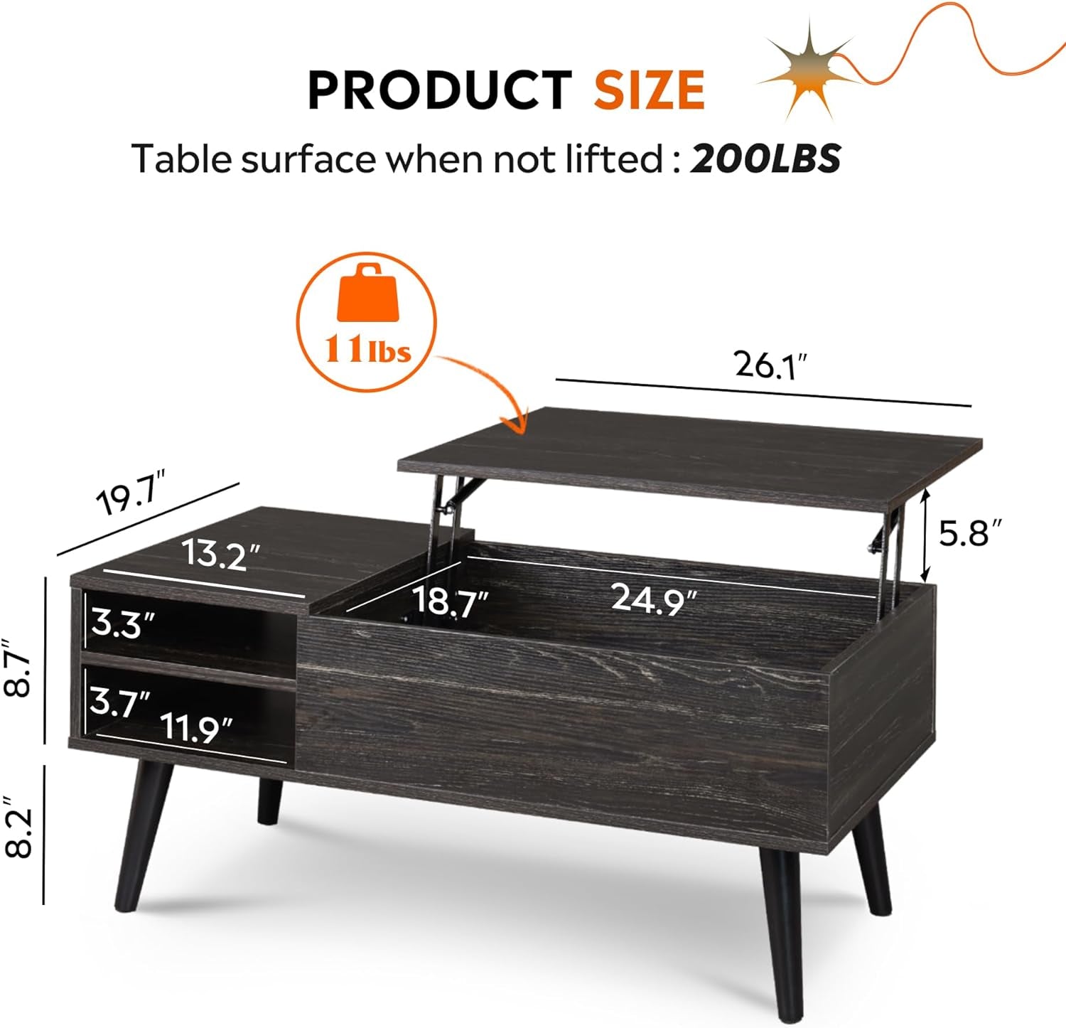 Wood Lift Top Coffee Table with Hidden Compartment and Adjustable Storage Shelf, Lift Tabletop Dining Table for Home Living Room, Office, Charcoal Black-2