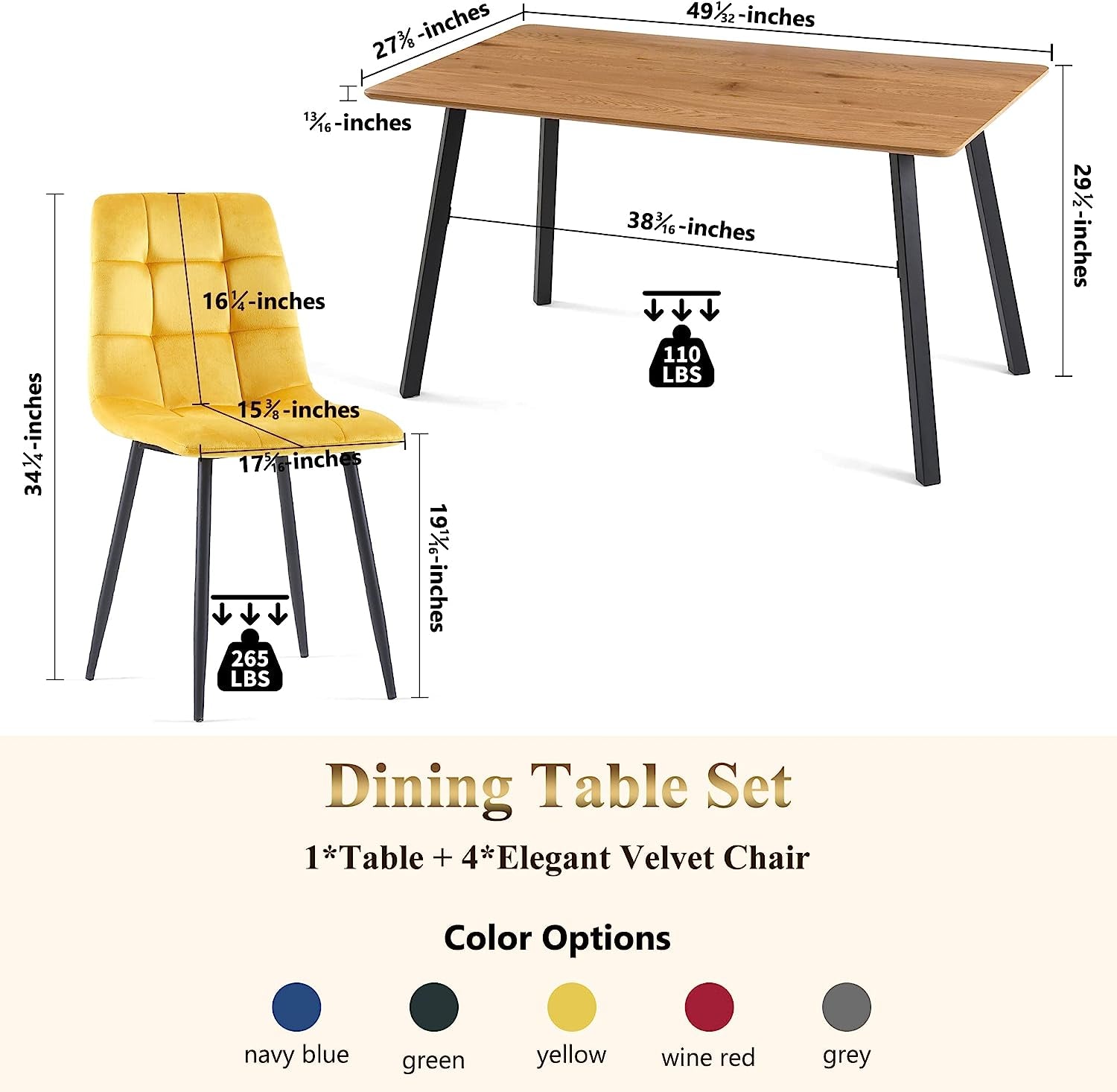 Modern 5-Piece Dining Table Set for 4, Yellow-2