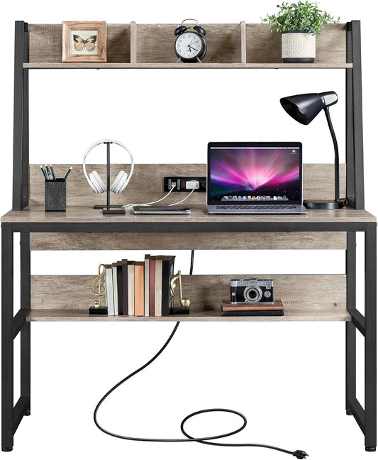 Home Office 47 Inch Writing Desk with Power Outlets and 2 USB Charging Ports for Studying, Gaming Table Computer Desk with Hutch and Bookshelf, Metal Frame Workstation for Office, Gray-0