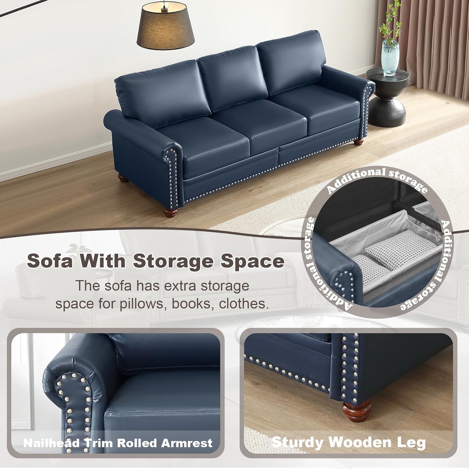 3 Piece Faux Leather Sofa Set,Mid Century Modern Couch and Loveseat Sets with Storage,Comfy Deep Seat Sofa with Nailhead Trim & Rolled Arm for Living Room,Office(Armchair+Loveseat+3 Seater,Navy Blue)-3