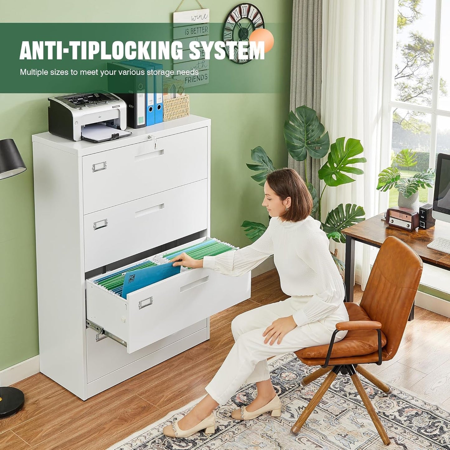 4 Drawer File Cabinet with Lock, Metal Lateral Filing Cabinet Wide Office Organization Storage for Home Office Hanging Letter/Legal/F4/A4 (White-Requires Installation)-3