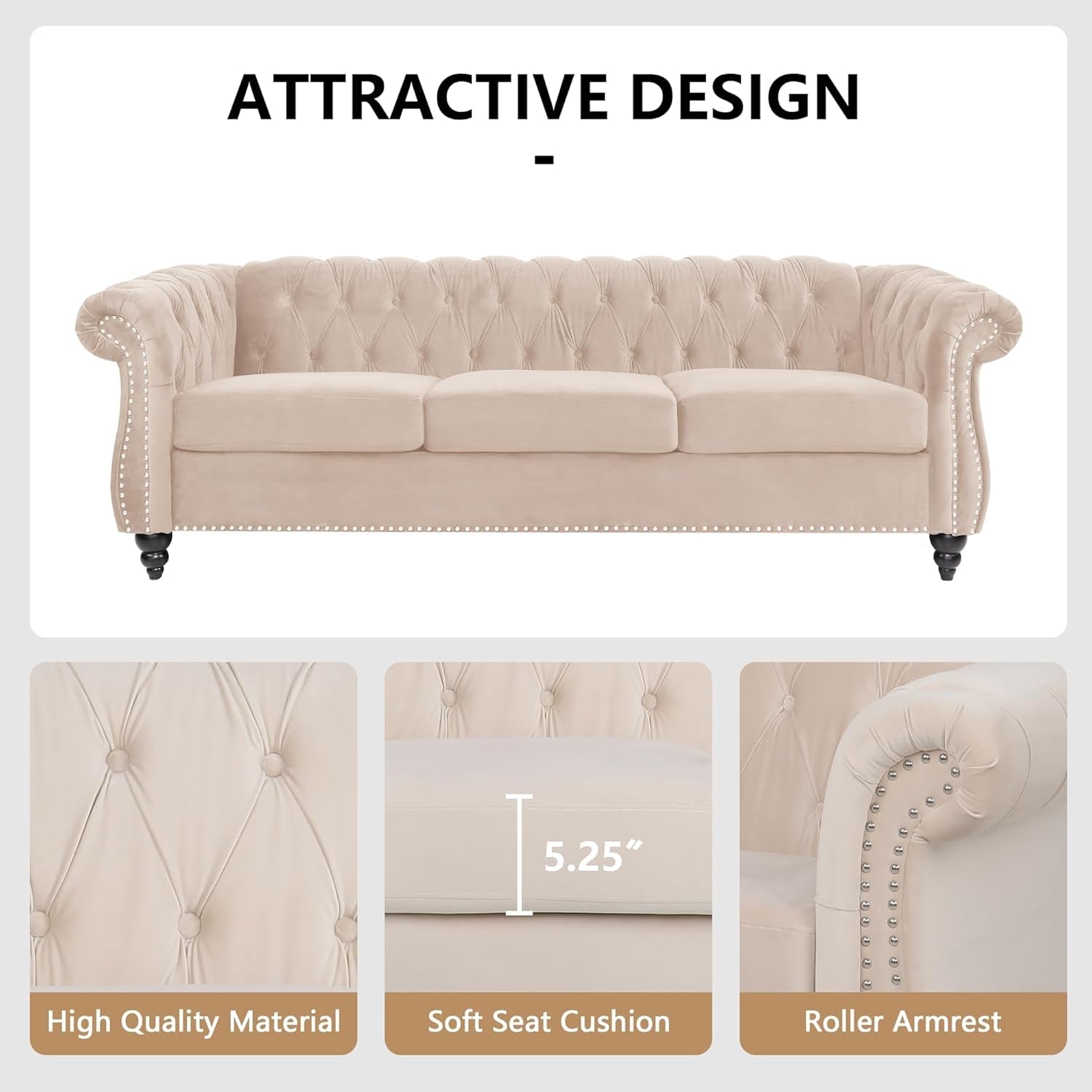 3 Piece Living Room Set, Sectional Chesterfield Sofa Chair Contemporary Upholstered Velvet Loveseat Couch Sets for Living Room, Bedroom, Office (Beige)-4