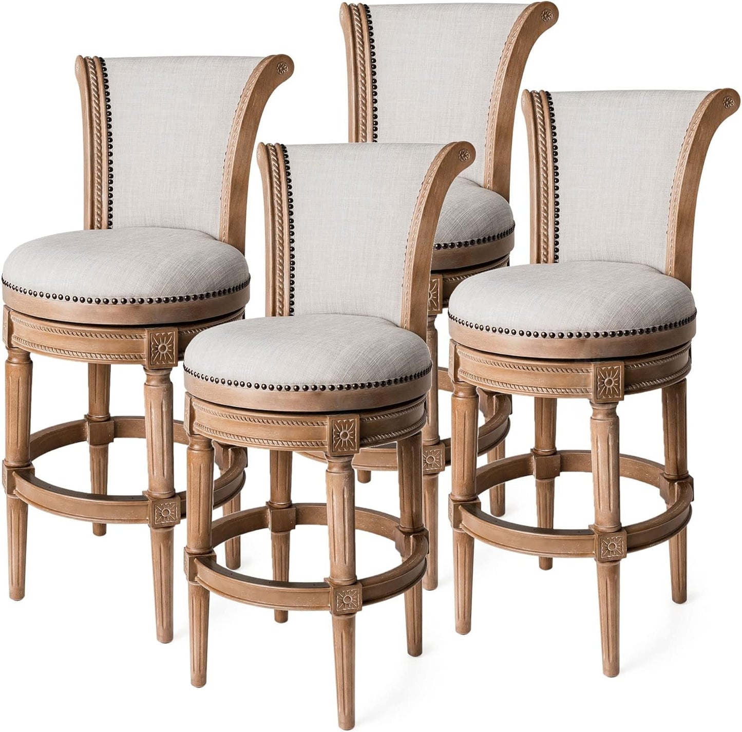 Pullman 31 Inch Tall Bar Height Upholstered Barstool with Back in Weathered Oak Finish with Sand Color Fabric Cushion Seat, Set of 4-0