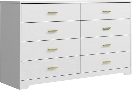 8 Drawer Wood Lateral Dresser, Big Wide Chest of Drawers Storage Organizer with Metal Gold Handles Home Bedroom (White)-0
