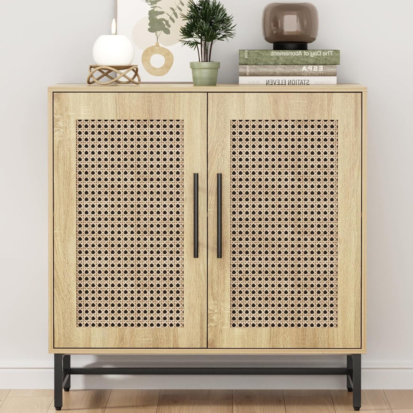 Natural Rattan Buffet Cabinet Modern Sideboard Storage Wood-0