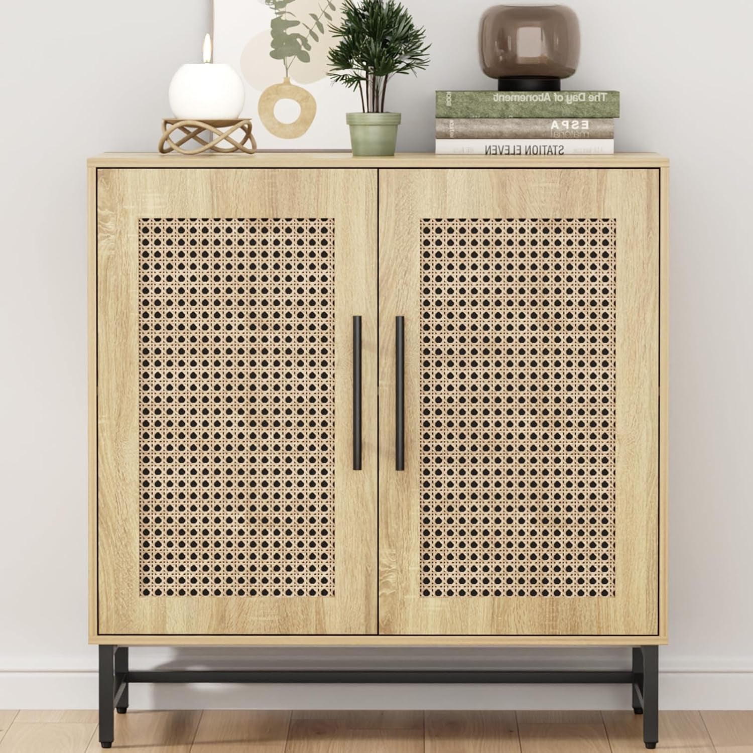 Natural Rattan Buffet Cabinet Modern Sideboard Storage Wood-0