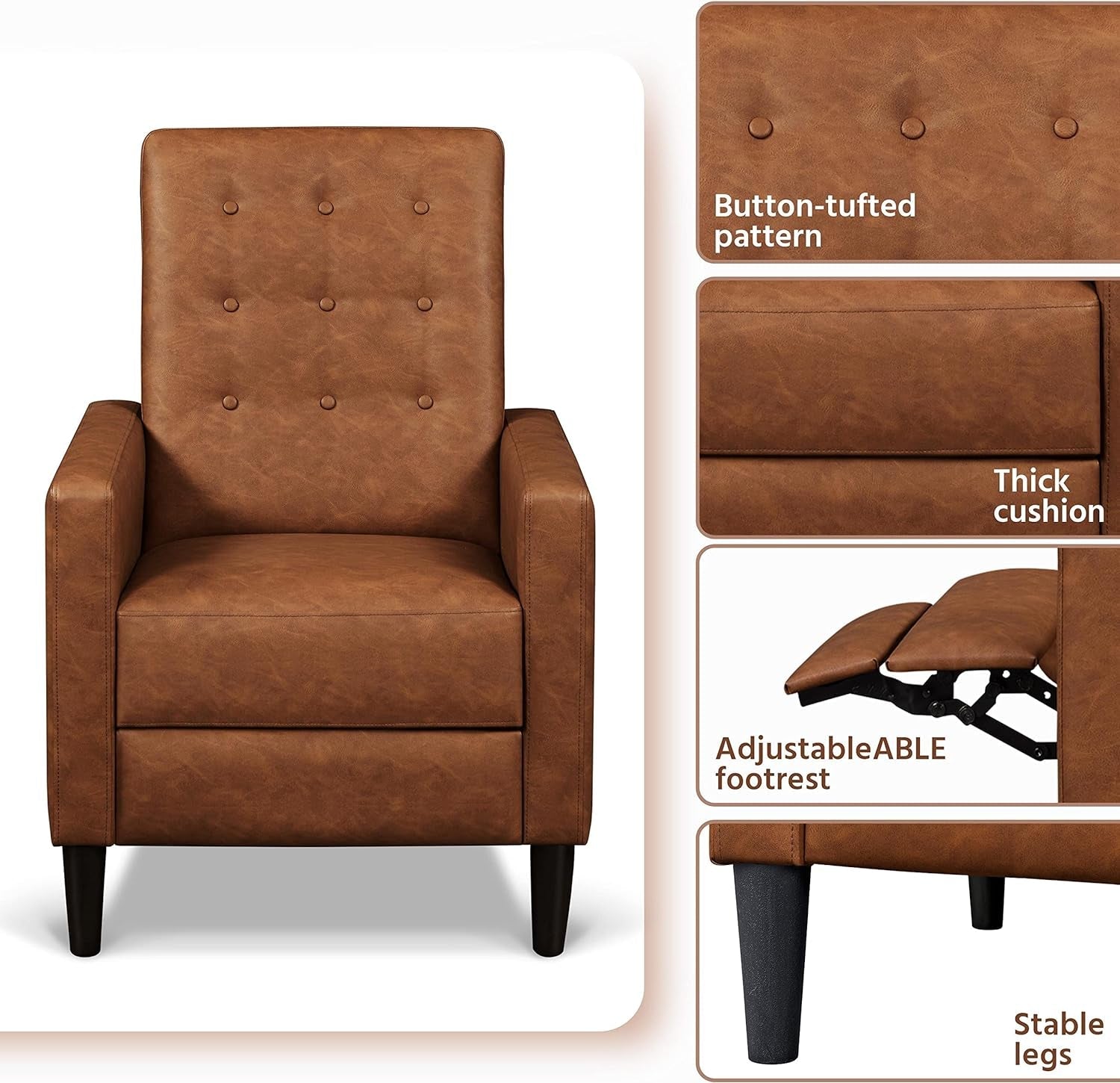 Faux Leather Recliner Sofa Mid-Century Modern Single Reclining Chair Adjustable Back & Footrest Tufted Upholstered Sofa with Pocket Spring Living Room Bedroom Home Theater Brown-4