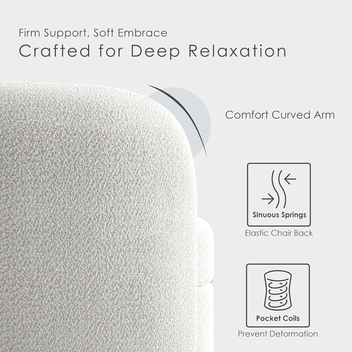 Nimiane Modern Boucle 3 Piece Sofa Set with Curved Arms and Wooden Legs, Accent Furniture Sets for Living Room, Home Office, Bedroom, Lounge, Off-White-4