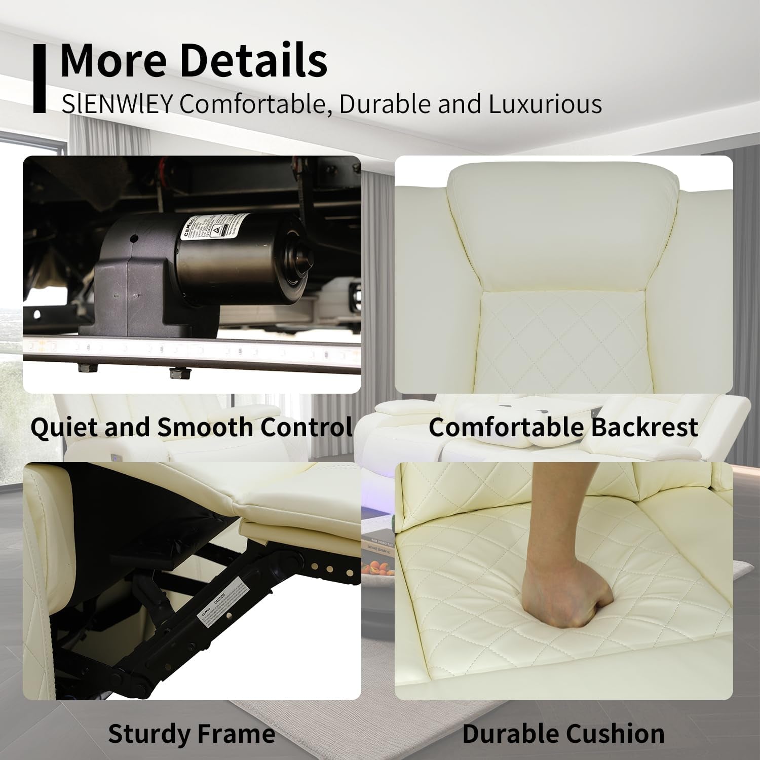 Power White Leather Reclining Sofa Set with LED Light for Living Room Set，Theater Seat Recliner Chair and 3 Seats Double Recliner Sofa with Drop-Down Table/Read Light/Wireless Charge/Usb Port-3