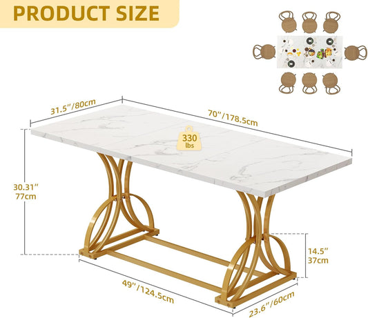 70.3" Large Modern Dining Table for 6-8 People Rectangular White Kitchen Dining Room Table with Faux Marble Tabletop and Gold Geometric Metal Legs Farmhouse Wood Dinner Tables, White and Gold-1