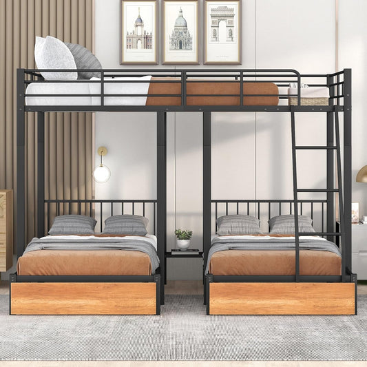 Metal Triple Bunk Bed with Drawers and Guardrails, Full over Twin & Twin Bunk Bed for 3, Space-Noise Free, No Box Spring Needed - Black-0