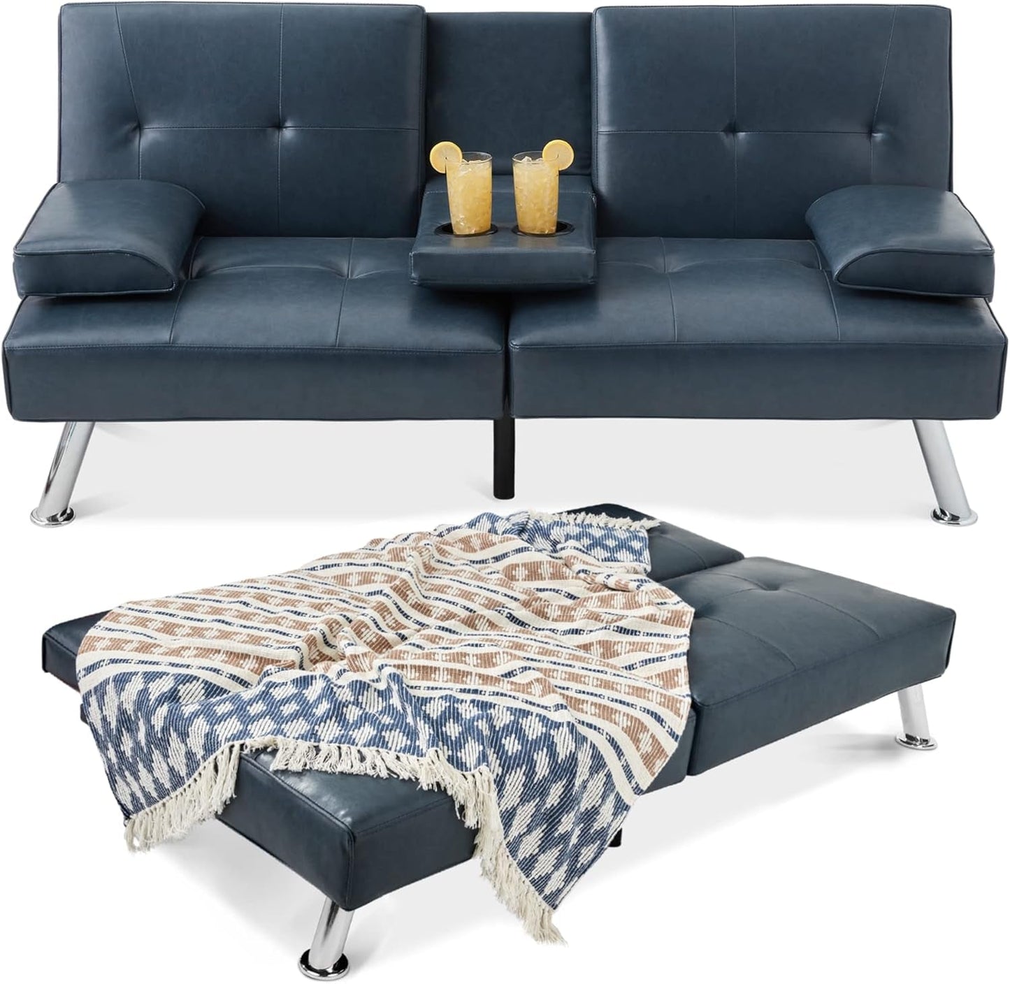 Faux Leather Upholstered Modern Convertible Futon, Adjustable Folding Sofa Bed, Guest Bed W/Removable Armrests - Blue-0