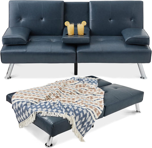 Faux Leather Upholstered Modern Convertible Futon, Adjustable Folding Sofa Bed, Guest Bed W/Removable Armrests - Blue-0