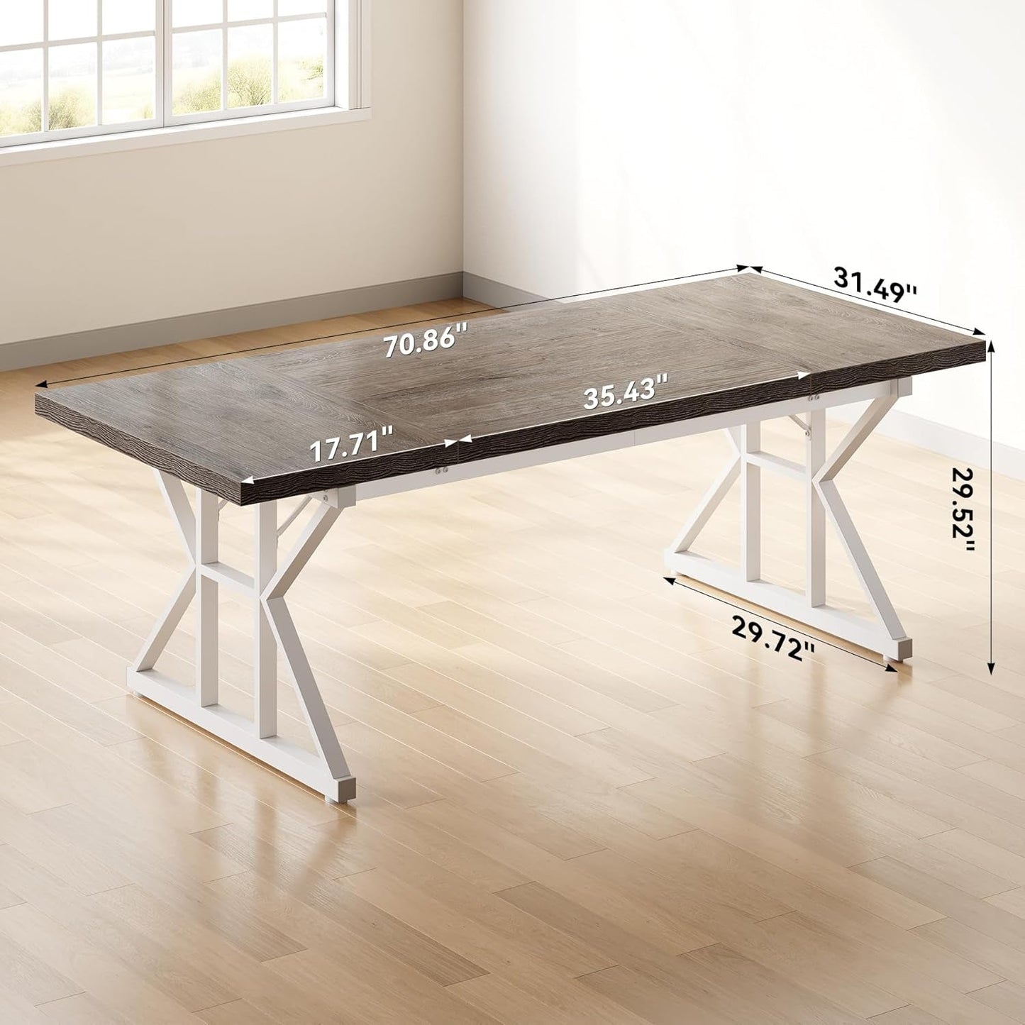 70.8-Inch Large Executive Desk, Modern Computer Office Desk, Wooden Writing Desk Study Table for Home Office, Grey-White-2